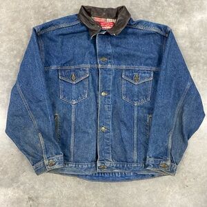 Marlboro Men's Blue Denim Jacket with Brown Collar XL Measurements